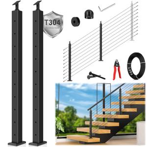 36" Modular 2-8FT Cable Railing Post Kit for Deck Surface Mount | 2 Stair Post Kit for 28-38° Stairway, 1/8" Wire Rope, Swage Cable Railing Kit, T304 Cable Railing System, No Handrail, Black