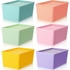 Menkxi 6 Pcs Large Plastic Storage Bins with Lids 14.4 x 10.4 x 5.1 inch Stackable Storage Containers Durable Box Baskets for Organizing Shelves Playroom Classroom Office(Mixed)