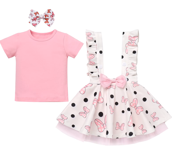 IBTOM CASTLE Toddler Baby Girls Mouse Birthday Outfit Short Sleeve Pullover T-shirt Suspender Skirt with Headband Cake Smash Casual Outfits 3T-4T Pink