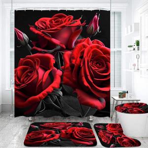 Jirown Red Rose Shower Curtain Sets 4 Pcs,Non-SlipRugs Bath Mat Toilet Cover U Shaped Mat Black Red Shower Curtain with 12 Hooks,Durable Bathroom Decor Set