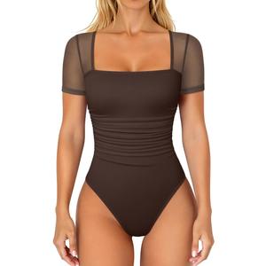 OQQ Women Short Sleeve Bodysuit Square Neck Tummy Control Shapewear Mesh Ruched One Piece Leotard Shirts Going Out Tops (Small, Darkbrown)