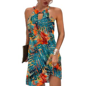 Kubsid Halter Dresses for Women 2026 Casual Print Summer Dresses Hollow Out A-line Sundresses for Beach Vacation, Large (Red Blue Leaves)