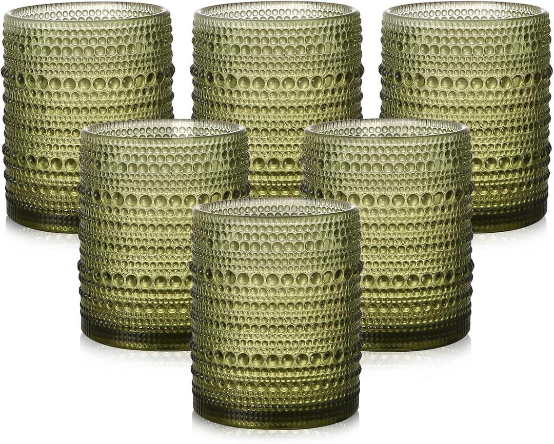 Vintage Glassware Drinking Glasses Set of 6,12 oz Hobnail Glass Cups, Embossed Green Water Tumbler, for Beer, Cocktail, Whiskey, Juice and Various Mixed Drinks- 1 Cleaning Brush
