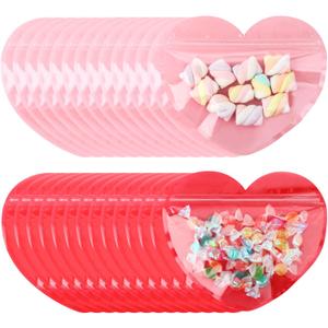 Yexiya 50 Pcs Large Mother Day Gift Bags 5 x 6 Inch Heart Shaped Bags Mother Day Clear Cellophane Bag Plastic Heart Goodie Treat Reusable Sealed Bag for Party Favors(Red, Pink)