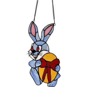 PA0019 Rabbit Stained Glass Window Panel Tiffany Style Hangings W 5.5" x H 12" Handcrafted Bunny Art Decoration for Home Office (Bunny) (Bunny and Egg)