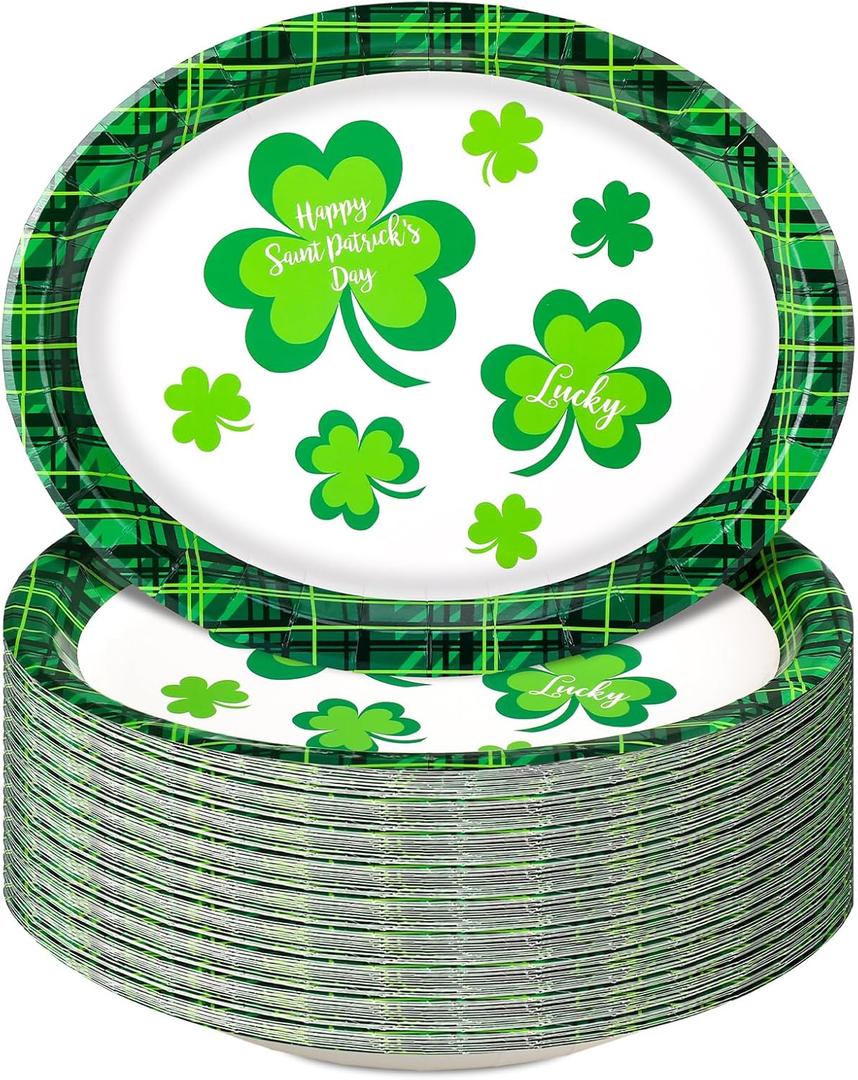 Hushee 100 Count St. Patrick's Day Oval Green Paper Plates Platter Bulk 11 x 9 Inches Party Plate Disposable Dinner Green Dessert Plates Irish Shamrock St. Patrick's Day Party Supplies Table Holiday
