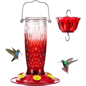 Kingsyard Hummingbird Feeders for Outdoors Hanging, 24 Ounce, Glass Hummingbird Feeder with Ant Moat & 6 Bee Guard Feeding Ports, Leak-Proof, Red Gradient