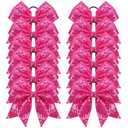 Oaoleer 12PCS 7" Large Glitter Cheer Hair Bows Ponytail Holder Elastic Band Handmade for Cheerleading Teen Girls College Sports (Sequin Hot Pink 12PCS)