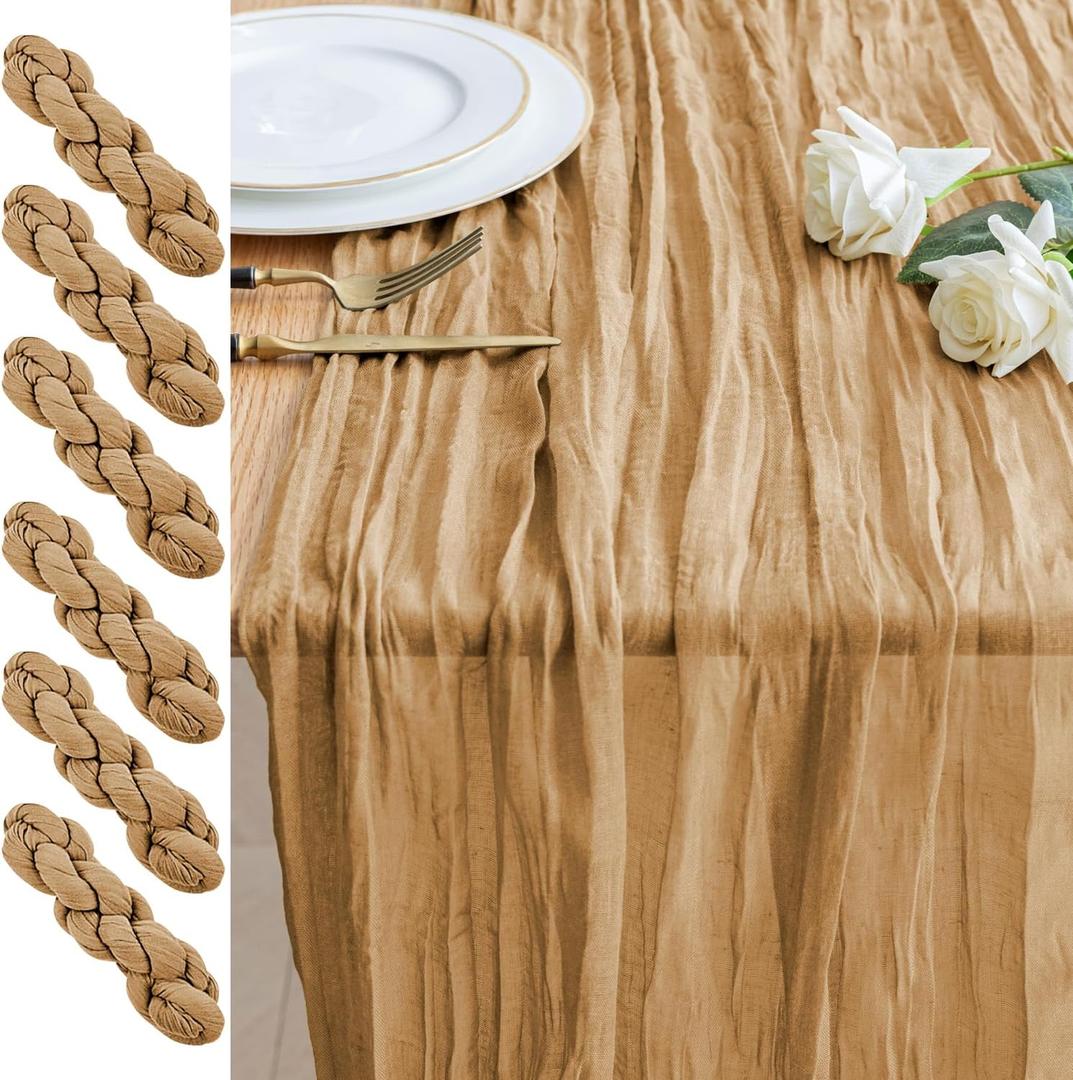 6PCS Table Runner Cheesecloth 10FT Khaki Boho Gauze Cheese Cloth Rustic Sheer Table Runners for Wedding Bridal Baby Shower Party Decoration