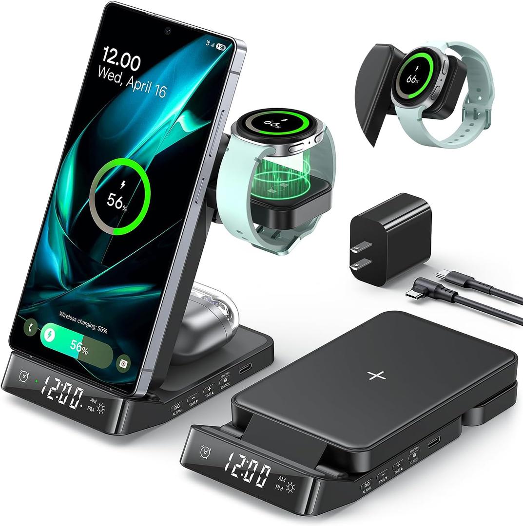 Wireless Charging Station for Samsung Devices with Alarm Clock, 3 in 1 Foldable Wireless Charger for S26 Ultra S25/Z Fold 7/6/Z Flip, Galaxy Watch Charger for Samsung Watch Ultra/8/7, Buds