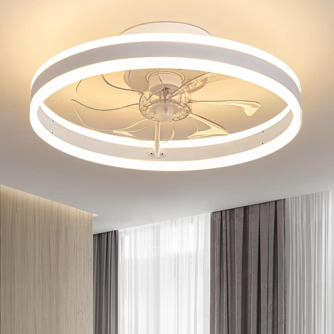 KDG 15.8" Low Profile LED Ceiling Fans with Light, Reversible Flush Mount with Remote and 6 Winds Speeds Fan Lighting, 3 Colors Dimmable for Bedroom, Living Room, Kids, Dinning Room, Kitchen (White)