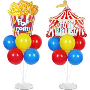 Carnival Circus Birthday Party Balloons Stand Kit 2 Sets with 2 Circus Tent Popcorn Foil Balloons Plim Themed Red Blue Yellow Balloon Centerpiece for Tables for Carnival Birthday Party Decorations