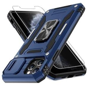 DEERLAMN Case for iPhone 11 Pro Max with Slide Camera Cover+Screen Protector (1 Pack), Rotated Ring Kickstand Military Grade Shockproof Protective Cover 6.5 Inch-Navy Blue