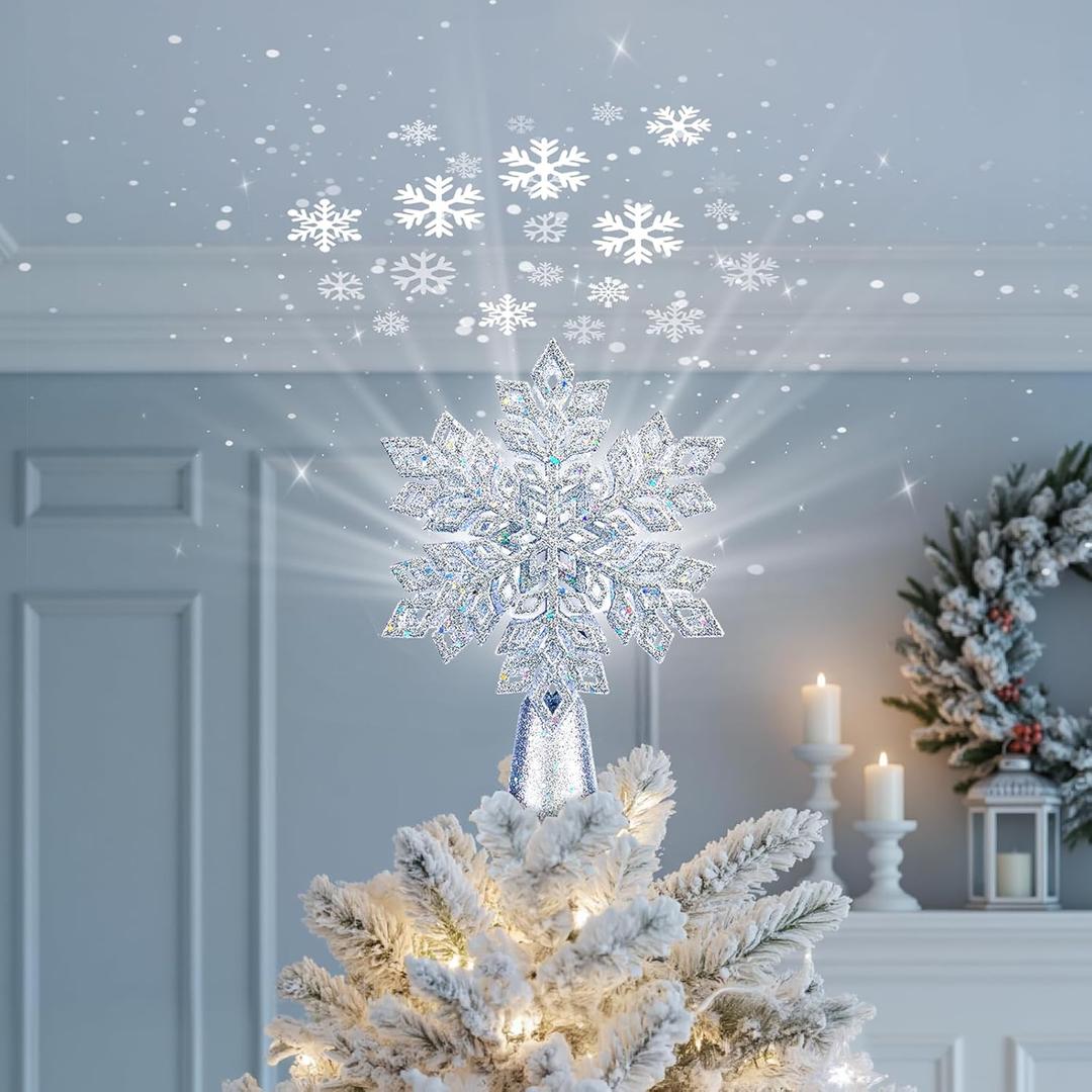 Brightown Christmas Tree Topper with Built-in 3D Glitter Led Snowflake Projector Lights, Silver Hexagonal Snowflake Tree Toppers Christmas Decorations Indoor for Xmas New Year Party Holiday