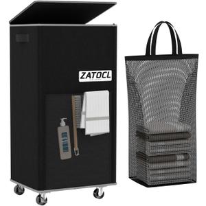 Laundry Hamper with Lid and Wheels, 29 Gal Rolling Laundry Basket with Washing Bag & Front Mesh Bag, Collapsible Dirty Clothes Hampers for Bedroom Aesthetic, Bathroom, Dorm, Laundry Room - Easy Carry (120L, Black)