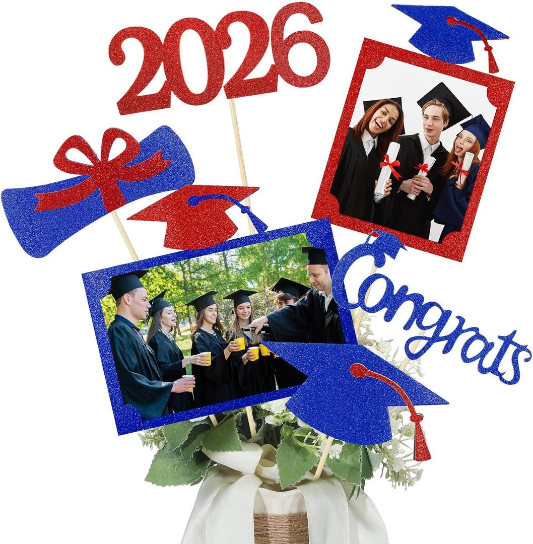 Qinyoung 2026 Graduation Decorations 30 Pcs Glittering Graduation Centerpiece for Tables Sticks Class of 2026 Grad Photo Centerpiece Party Decoration for Table Toppers(Blue Red)
