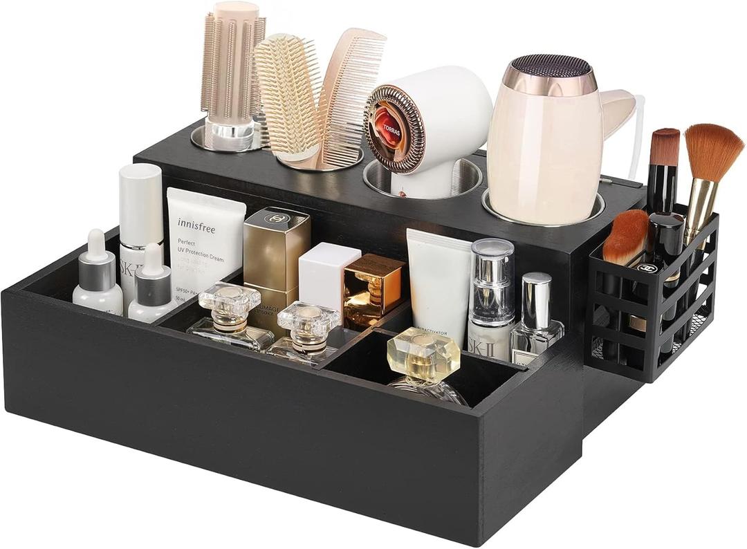 Hair Tool Organizer, Black Hair Dryer Holder and Bathroom Countertop Blow Dryer Holder with Side Basket, Vanity Caddy Storage Stand for Accessories, Makeup, Toiletries