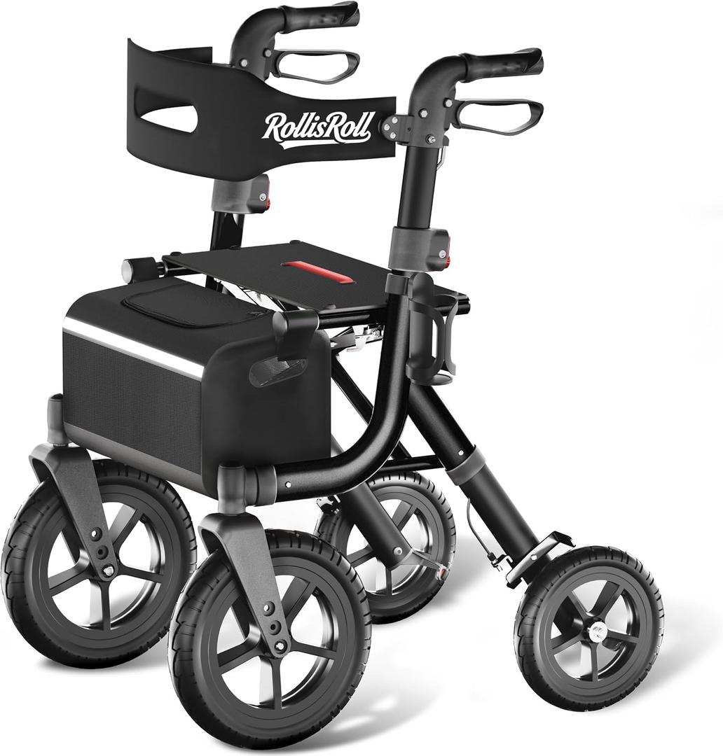 Walkers for Seniors, Rollator Walker with Seat, 12" Big Rubber Wheels All Terrain Rolling Walker with Backrest, Foldable Rollator Walker, Reinforced Aluminum Frame, Black