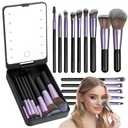 ElectricWise 12 Pcs Travel Makeup Brush Set with LED Light Mirror, Cosmetic Makeup Brushes Kit with Holder Case and Mirror, Foundation Powder Concealers Eye Shadows Makeup Brush Set(Black)