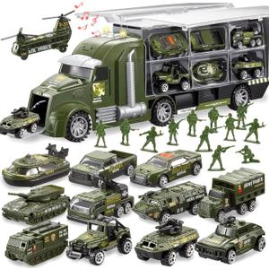 JOYIN 25 in 1 Military Kids Truck Toys for Age 3+, Toddler Boy Toys, Army Men Tanks Set with Soldier Men, Mini Battle Cars in Carrier Truck with Lights and Sounds, Christmas Great Gifts for Grandkids