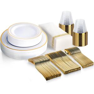 M MCIRCO 175 Piece Gold Dinnerware Set - 50 Gold Rim Plastic Plates - 25 Gold Plastic Silverware - 25 Gold Paper Napkins, 25 Guest Disposable Gold Dinnerware Set