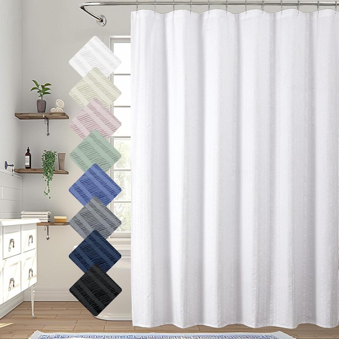 Moga Extra Long White Shower Curtain 96 Inch Long, Embossed Texture Fabric Bathroom Shower Curtain, Large Hotel Bath Curtain with 12 Holes, 72x96, White