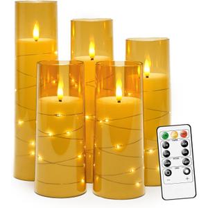 Flickering Flameless LED Candles,Battery Operated Candles 5 Pcs with Embedded Star String,Acrylic LED Pillar Candles with Remote,Suitable for Home Decoration to Create an AtmosphereGold