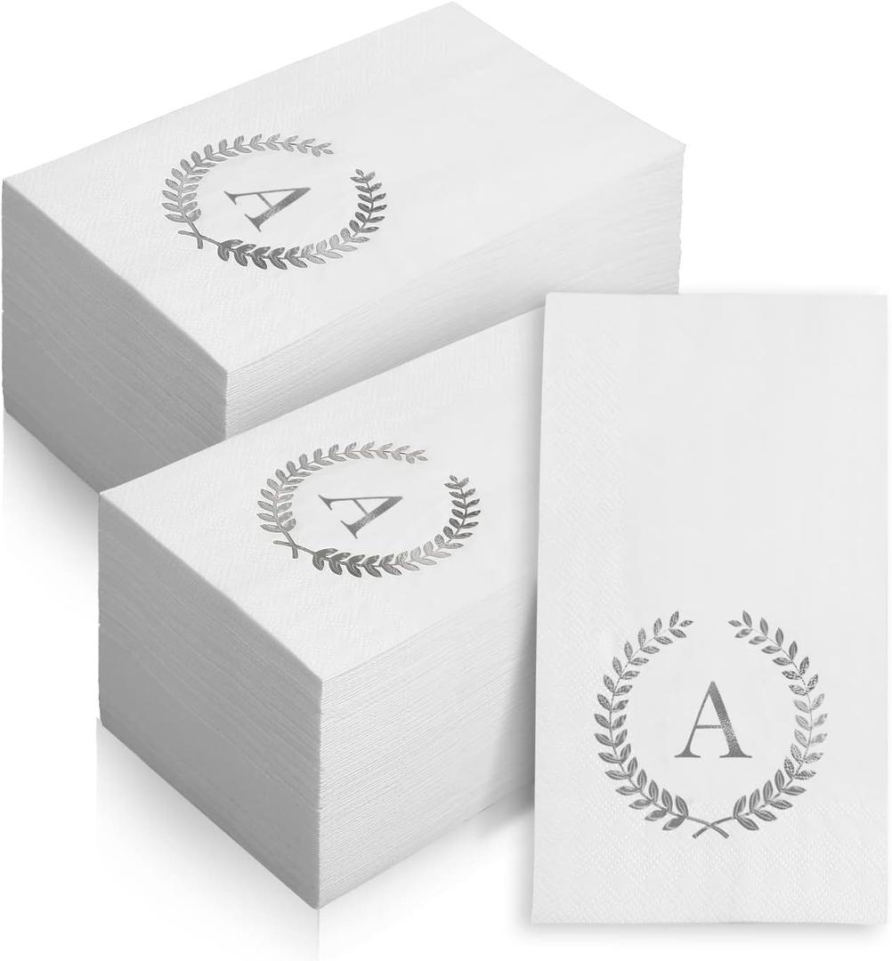 200 Pack Monogrammed Disposable Napkins Silver Foil Letter A Guest Napkins Initial Disposable Hand Paper Towels for Wedding Engagement Baby Shower Party Home Kitchen Bathroom Dinner Decorative Towels