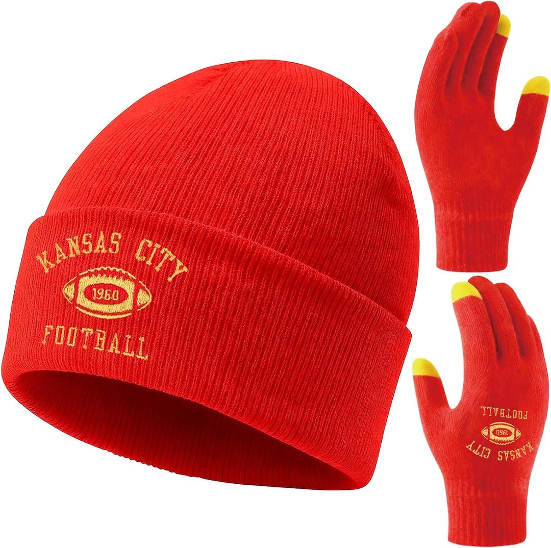Classic Vintage Football Embroidery Beanie,Fasion Hat Cuffed Winter Comes,With Warm Gloves,Gifts for Men Women Fans (Red)