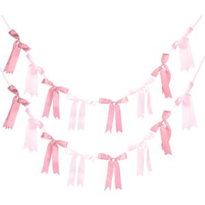 Pink Bow Garlands Banner Decoration, 2 Strings 16PCS Pre-Strung Satin Ribbon Hanging Ornaments for Birthday Baby Shower Girls Nursery Décor Wedding Party Bow Themed Supplies 6.5 Feet