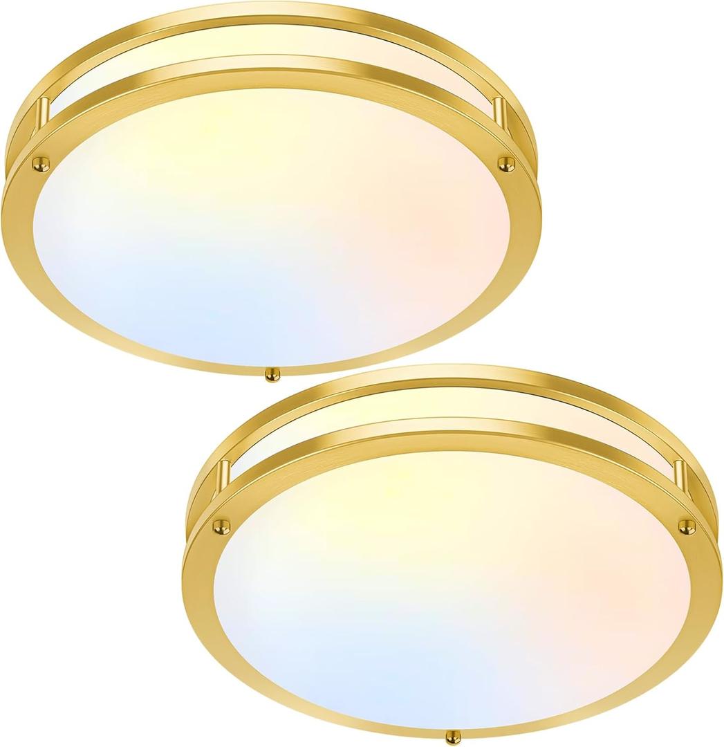 13 Inch Flush Mount Light Fixtures, 2-Pack Gold LED Ceiling Lights with 2700K/3000K/4000K/5000K/6500K 5 Color Temperatures, Modern Round LED Lights for Kitchen Bedroom Bathroom Living Room Closet