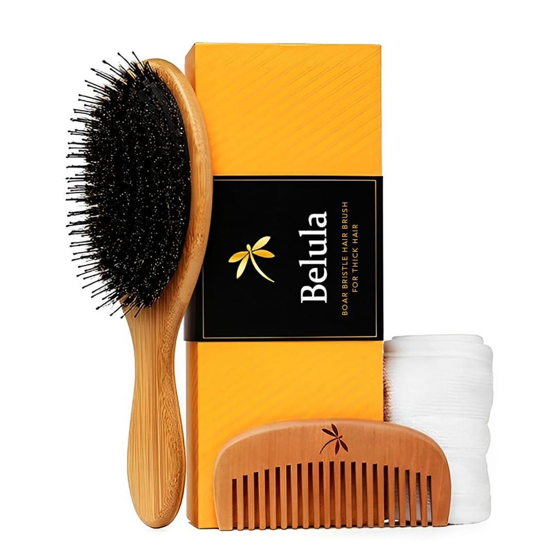Premium Boar Bristle Hair Brush for Thick Hair Set. Hairbrush for Women With Thick, Long or Curly Hair. Restores Hair's Shine and Health. Comb, Travel Bag & Spa Headband Included (Large)
