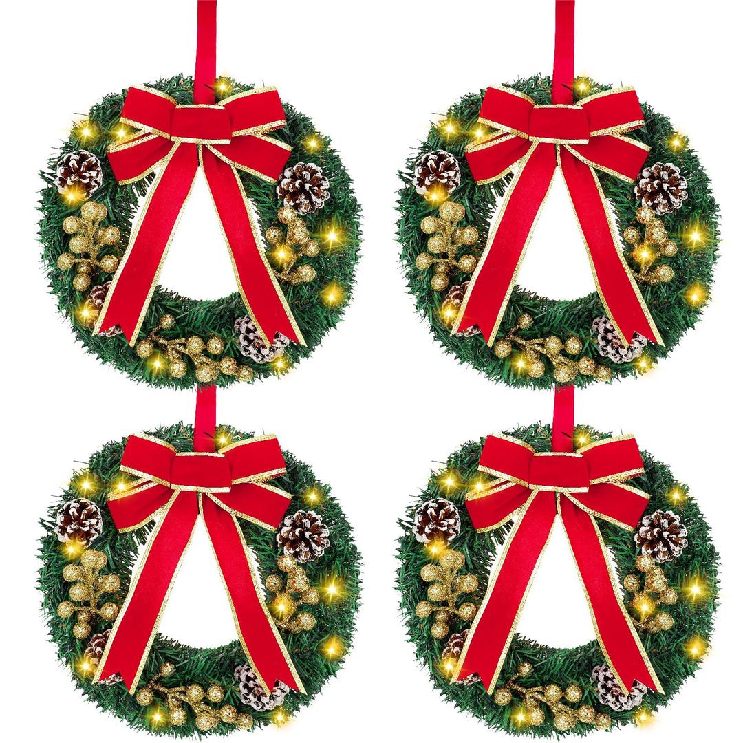 4 Pcs Lighted Christmas Wreaths, 13 Inch Pre Lit Small Xmas Wreath with Large Bow, Pine Needle Wreath with LED Lights Battery Operated Xmas Ornaments for Front Door Wall Christmas Party Decor (Gold)
