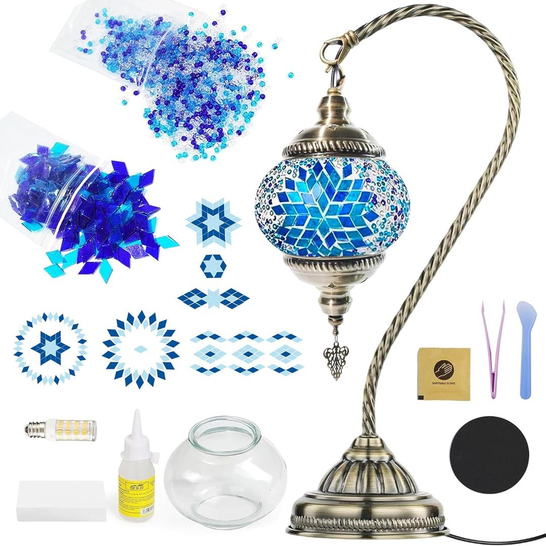DIY Turkish Mosaic Lamp Kit, Bedside Turkish Lamp Bohemian Moroccan Unique Gift Idea, Mosaic Art & Craft Project Kits for Adults & Teens for Living Room (Blue)