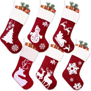 Mostop 6 Pack Christmas Stockings, 18" Red Stocking with Soft Plush Christmas Reindeer Snowman Pattern Xmas Stocking for Kids Holiday Family Christmas Hanging Decoration (Bulk)