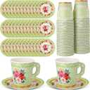 Nuogo 200 Pcs Floral Paper Tea Cups and Saucers 7 oz Disposable Paper Teacups with Handle and Plates for Tea Party Decoration Wedding Birthday Baby Shower Bridal Mother's Day, Serve 100(Green)