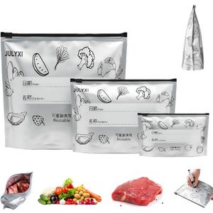30Pcs Reusable Aluminum Foil Sealable Storage Bags, 3 Sizes Thickened Stand Up Food Bags with Label & Zip Lock, Food-Grade Freezer Bags for Meal Prep, Vegetables, Fruits, Meat & Seafood