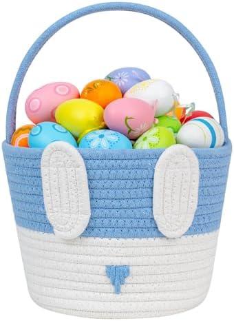 CubesLand Empty Easter Basket for Kids Babies Boys and Girls, Cute Easter Treasure Hunt Bunny Basket, Sturdy Cotton Rope Gift Basket, Egg Hunts, Festive Decor & Gift Ideas - Blue, Large