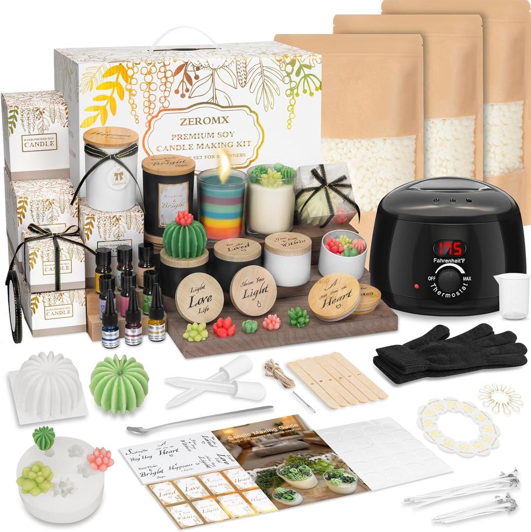 ZEROMX Candle Making Kit for Adults & Beginners - All-in-One DIY Candle Supplies with 1200g Natural Soy Wax, Hot Plate, 2 Succulent Molds, 8 Jars & Gift Boxes | Perfect for Home Crafts & Gifting