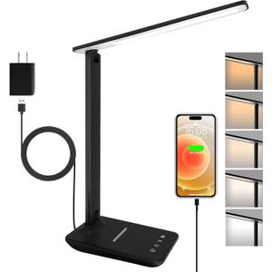 Shinelife LED Desk Lamp for Office Home, Bright Desk Light with USB Charging Port, Adjustable Dimmable Desk Lamps 5 Modes 5 Brightness, Touch Study Lamp for Nail, Craft, Puzzle, Sewing, Study, Black