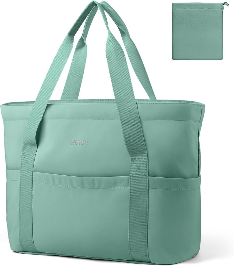 HOTOR Tote Bag for Women - Foldable Lightweight Tote Bags with Zipper, Large Shoulder Bag Top Handle Handbag for Travel, Work (19.7" x 6.7" x 13.8", Green)
