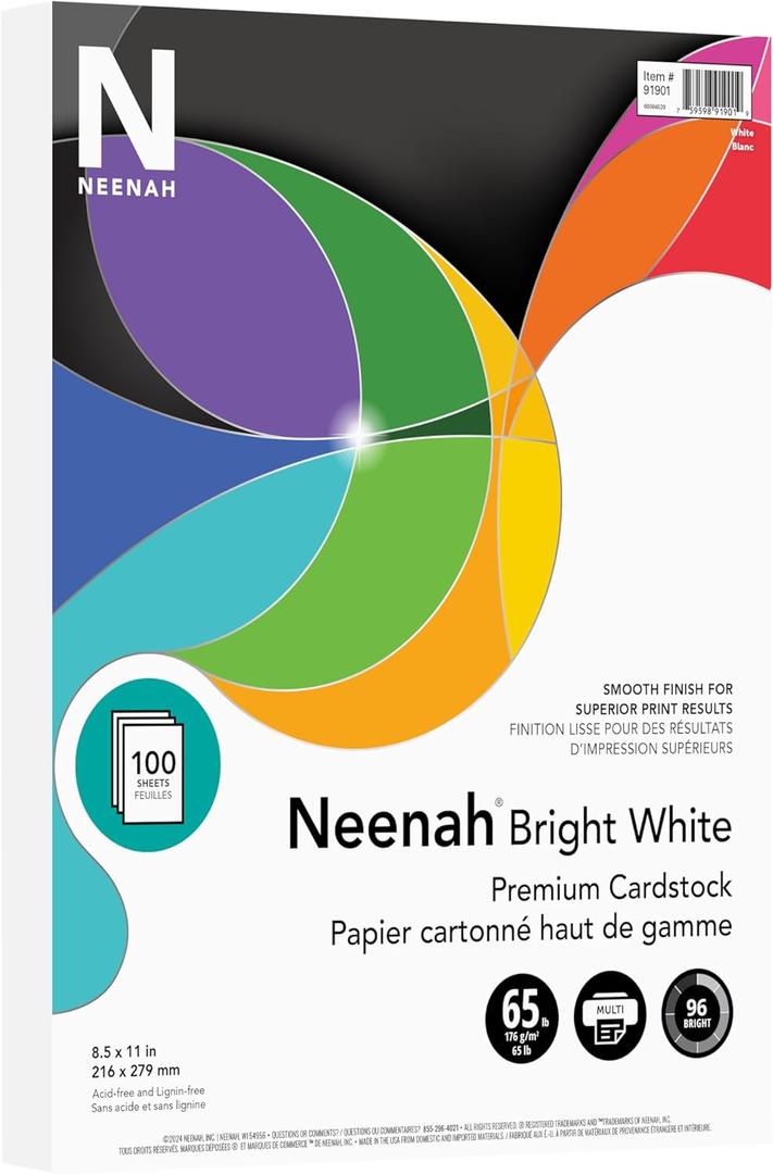 Neenah Printable Multi-Purpose Card Stock, 8-1/2" x 11", Bright White, Pack Of 100 Sheets