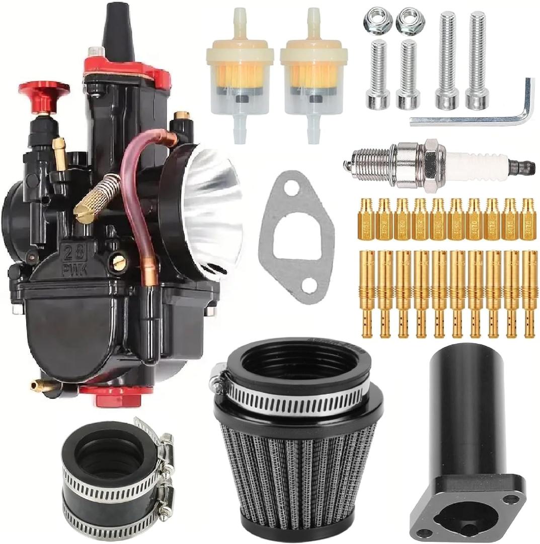 PWK28 30MM carburetor for Predator 196cc 212cc 5.5hp 6.5hp, Coleman Powersports CT200 BT200 MB200 Mini bike, KT196 Twister, and 80T Go Kart Cart Part +42mm air filter (black)