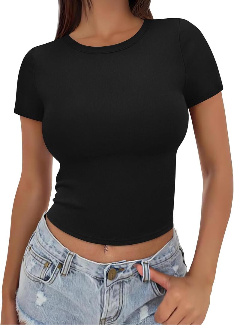 SAMPEEL Crop Tops for Women Summer Trendy Tight Tshirts 2024 Slim Fit (X-Small, Black)