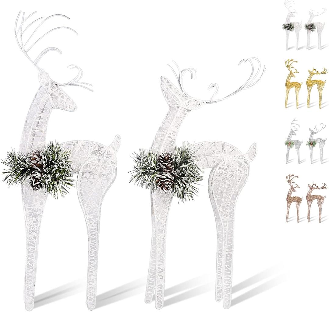 ZHANYIGY 2pc Set White Pinecone Rattan Thread String Christmas Reindeer Figurine Table Desk Decorations Glittering Xmas Holiday Party Supply