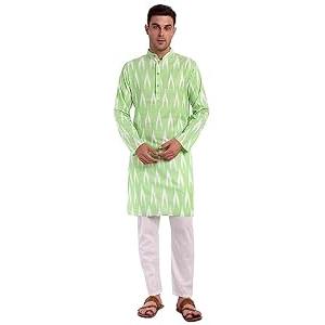 SKAVIJ Men's Pure Cotton Printed Kurta Pajama Set Ikat Design Casual Ethnic Dress (Lime Green_S)