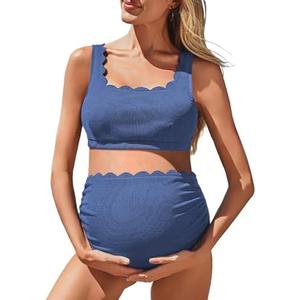 Summer Mae Scalloped Maternity Swimsuits for Women High Waist Bathing Suit Pregnancy Two-Piece Bikini Tie Knot Swimwear 12