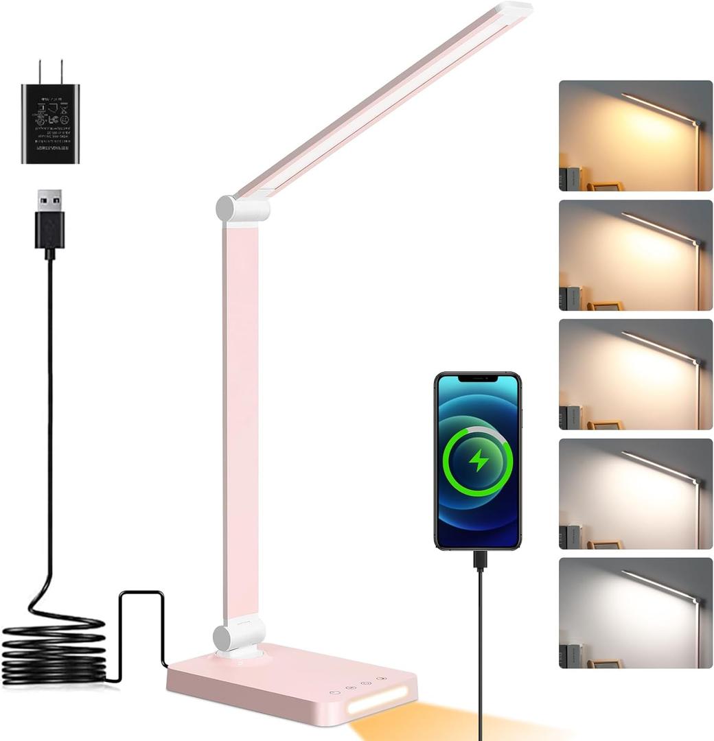LED Desk Lamp with USB Ports,Touch Desk Lamps for Home Office with 5 Color Modes,3 Brightness Desk Light with Small Night Light,Reading Lamp Table Lamp for Bedroom Bedside Study Pink with adapter