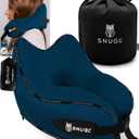 SNUGL Travel Pillow  Memory Foam Pillows - Neck Pillow for Airplane with Carry Bag & Clip  Neck Support Pillows for Pain Relief - Airplane Travel Essentials (Adult Regular - Navy)