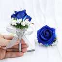 6Pcs Blue Corsage and Boutonniere Set, Artificial Rose Wrist Corsage Bracelets, Men Boutonniere for Wedding Ceremony Decorations Prom Homecoming Party Flower Accessories